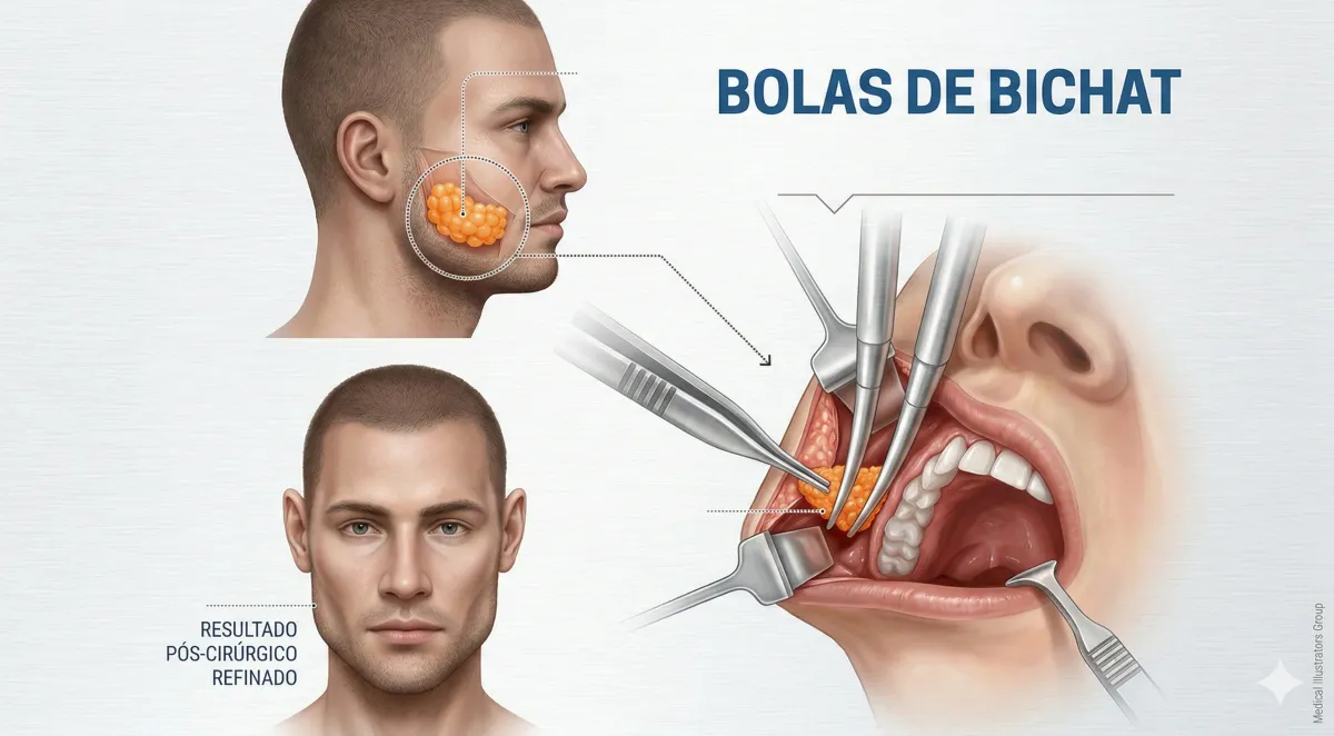 As bolas de Bichat são acessadas e removidas por pequenas incisões feitas por dentro da boca.