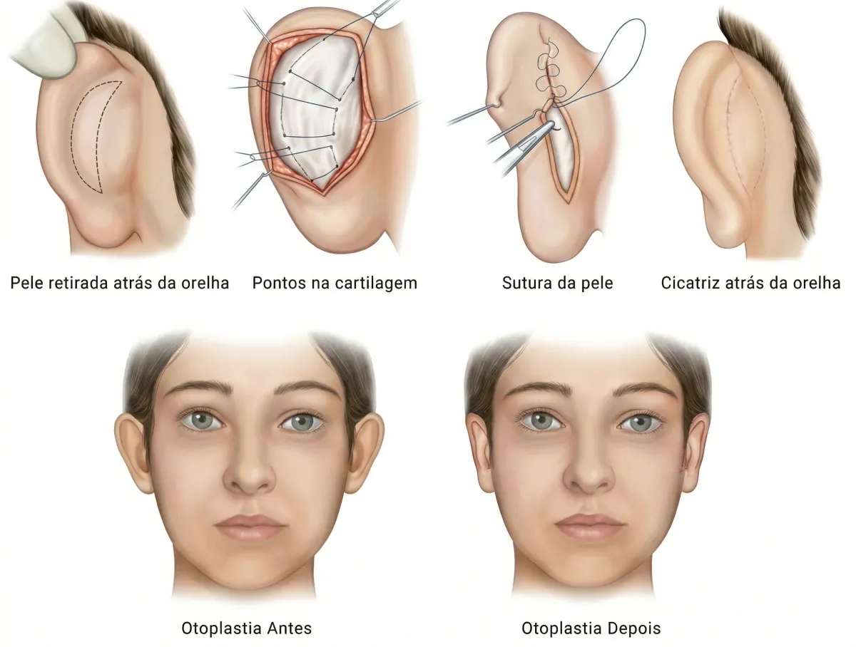 Ilustração do detalhe da remodelação da cartilagem e posicionamento natural da orelha.
